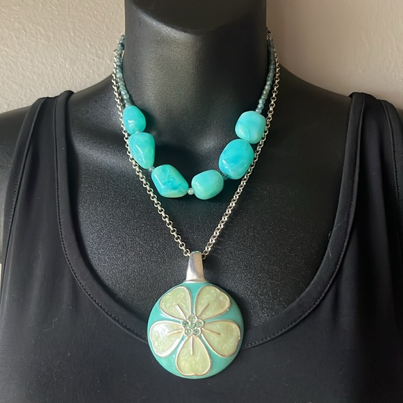 Vintage KC stamped necklace and earrings set, silver and green, + Stone necklace - Picture 2 of 16